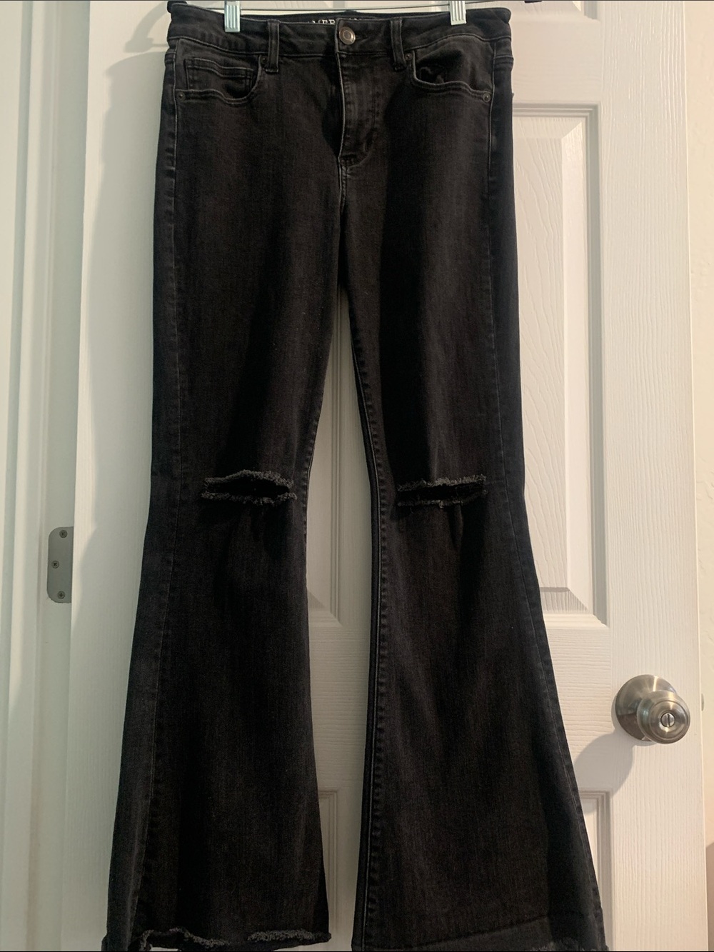 American Eagle Outfitters Black Flare Jeans with Distressed Knees